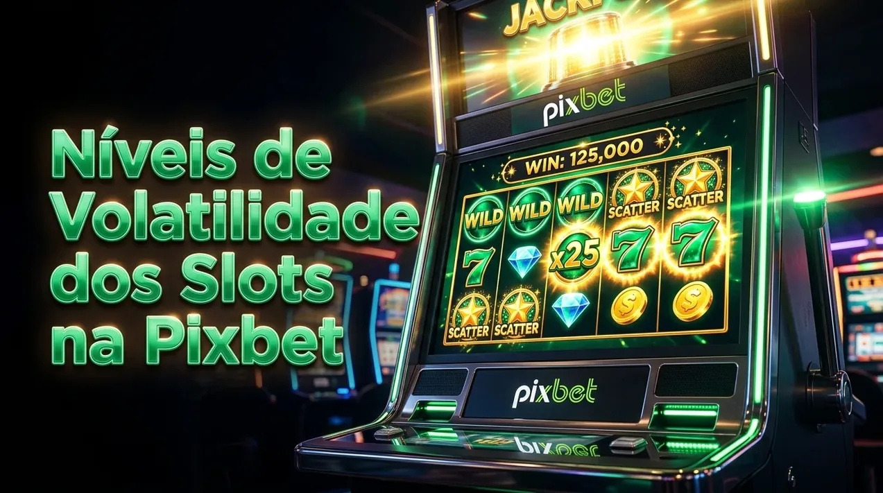 Tela de slot exibindo símbolos de vitória, em verde e dourado, detalhando volatilidade.