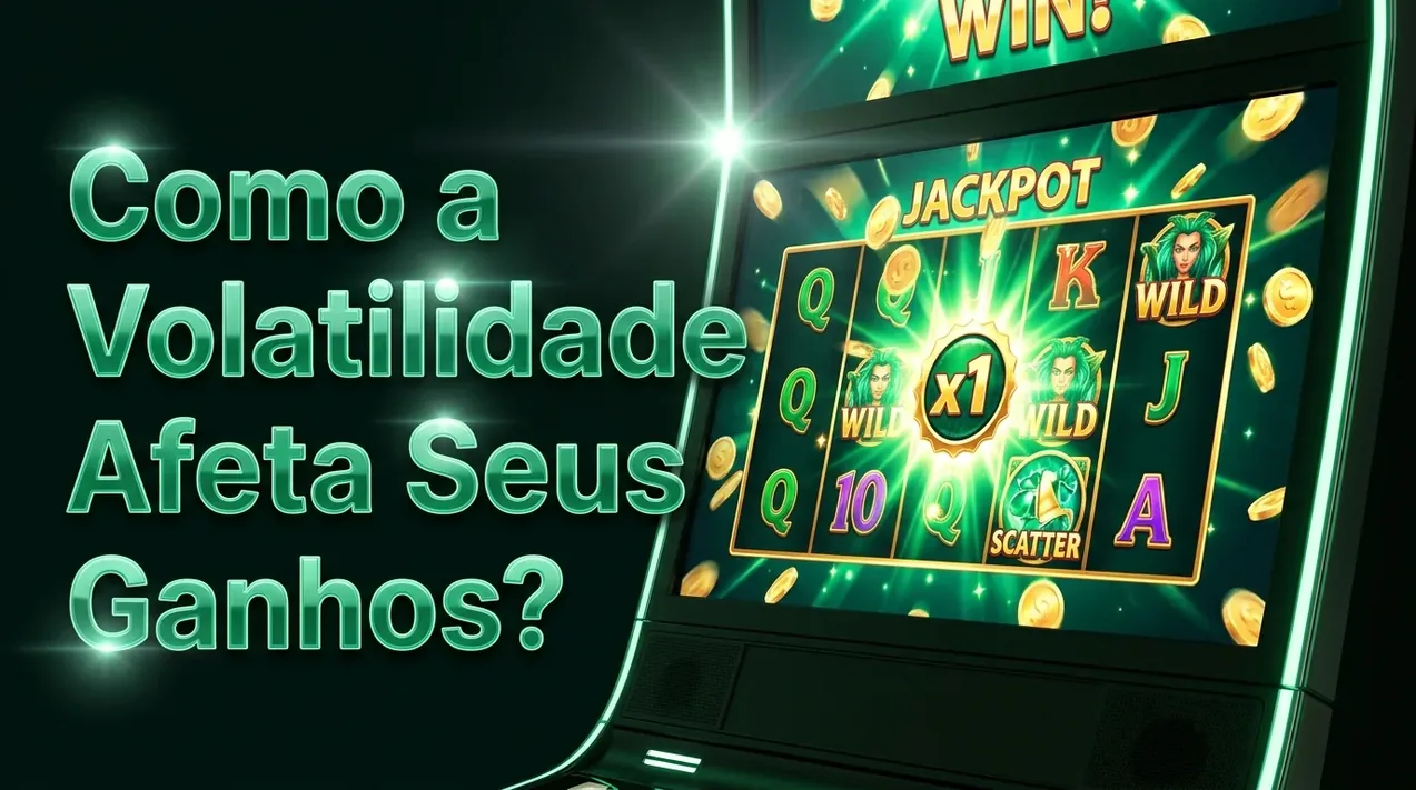 Slot screen de vitória com símbolos e luzes, explicando a volatilidade dos ganhos.